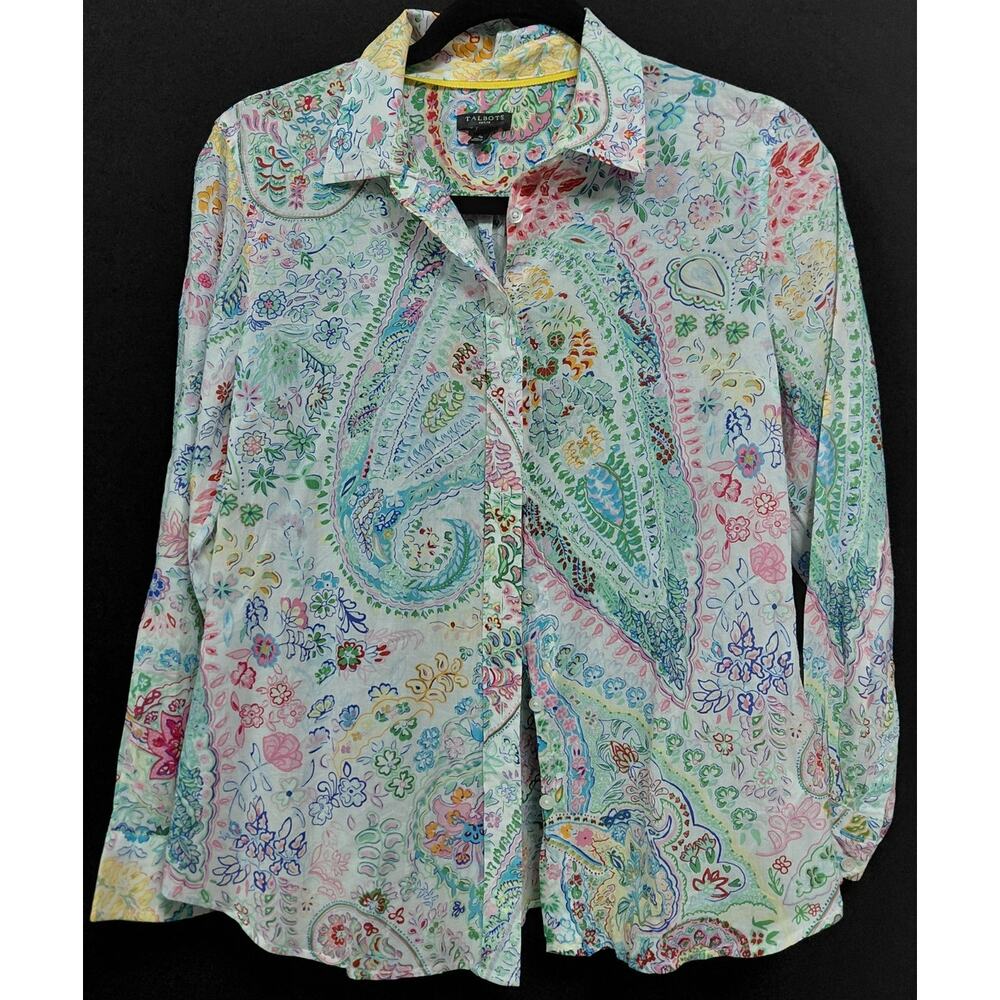 TALBOTS PETITE Paisley Cotton Blouse Woven Long Sleeve Women Size SP